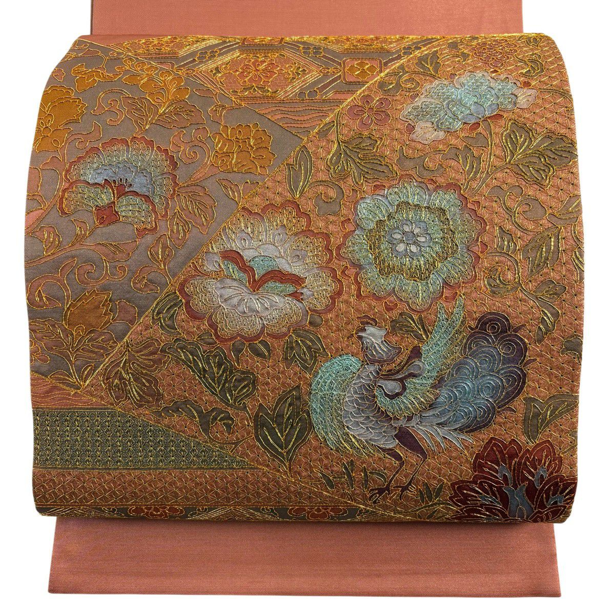 美品】 袋帯 名品 渡文 落款あり リバーシブル 草花 金糸 茜色 お太鼓