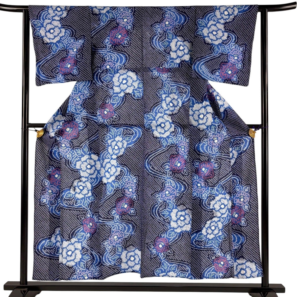 美品】 浴衣 身丈155cm 裄丈61cm S 絞り浴衣 牡丹 椿 紺色 綿 名品