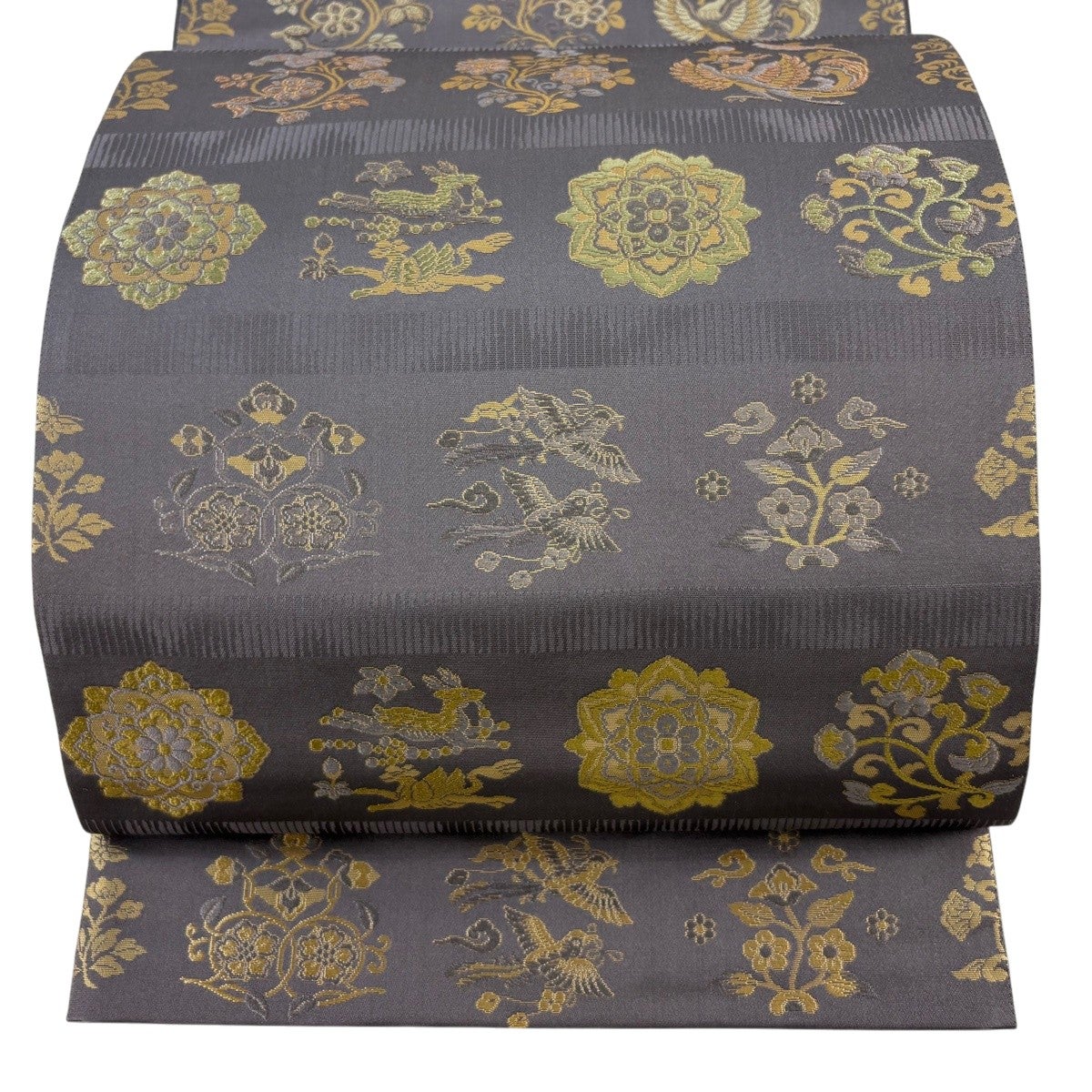 美品】 袋帯 名品 公家加賀五彩 王朝菊華文 唐織 灰紫 六通 正絹｜中古