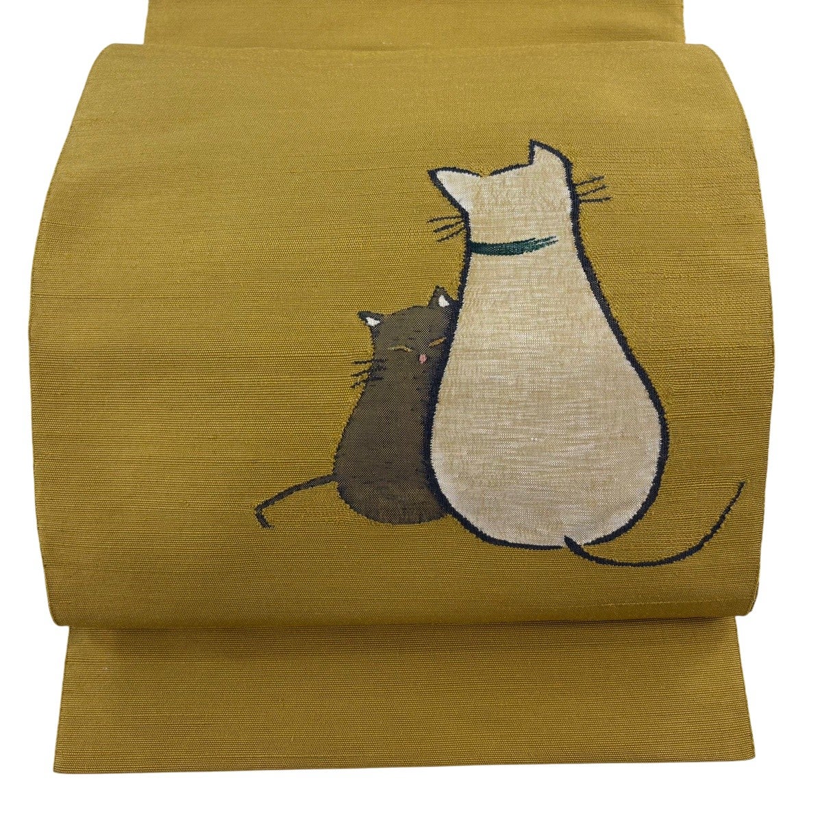 専用帯6898 ●高級 正絹 名古屋仕立て 名古屋帯 猫 名古屋帯 名品 八寸名古屋帯 松葉仕立て 猫 足跡 金糸 黄土色 正絹