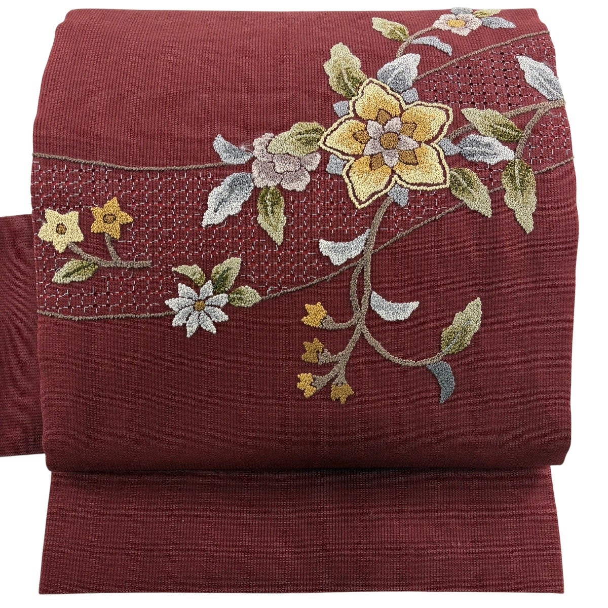 名古屋帯 秀品 草花 相良刺繍 えんじ色 正絹｜中古・古着・リサイクル
