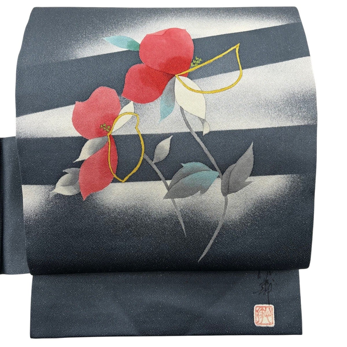名古屋帯 秀品 落款あり 草花 銀通し 青灰色 正絹｜中古・古着