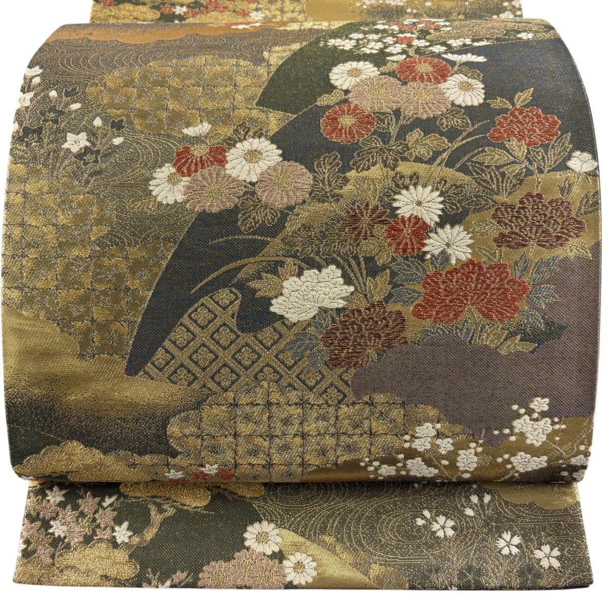 美品】 袋帯 秀品 扇面四季の彩文 金糸 箔 金色 六通 正絹|中古・古着 美品】 袋帯 秀品 扇面四季の彩文 金糸 箔 金色 六通 正絹|中古・古着