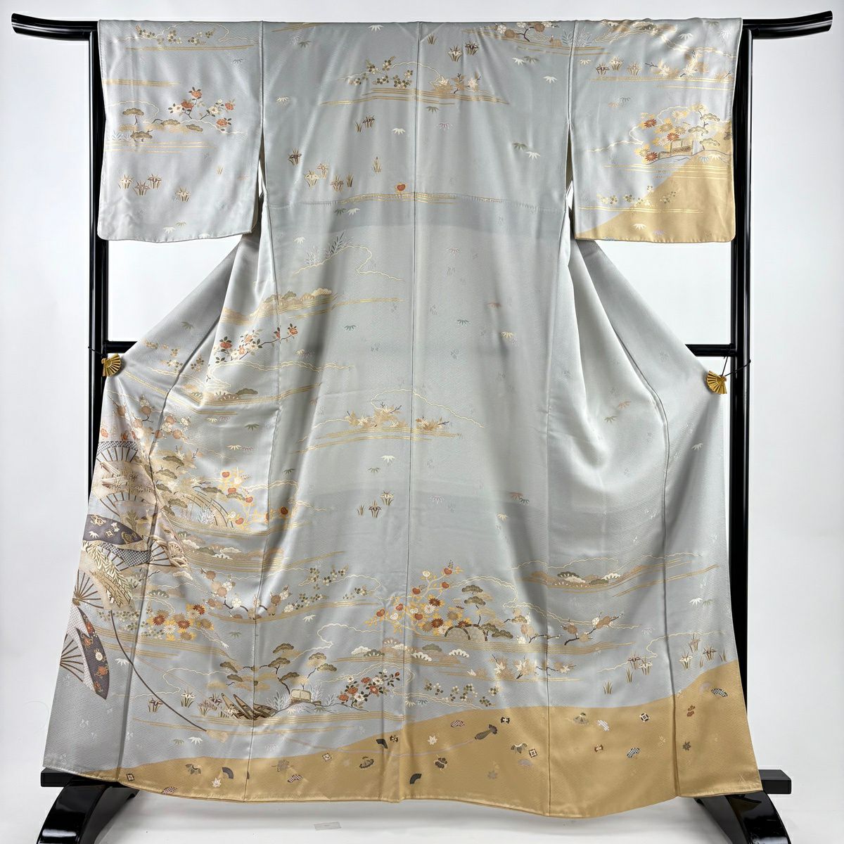 訪問着 身丈165cm 裄丈67cm M 袷 御所車 松竹梅 金彩 ぼかし 灰色 正絹