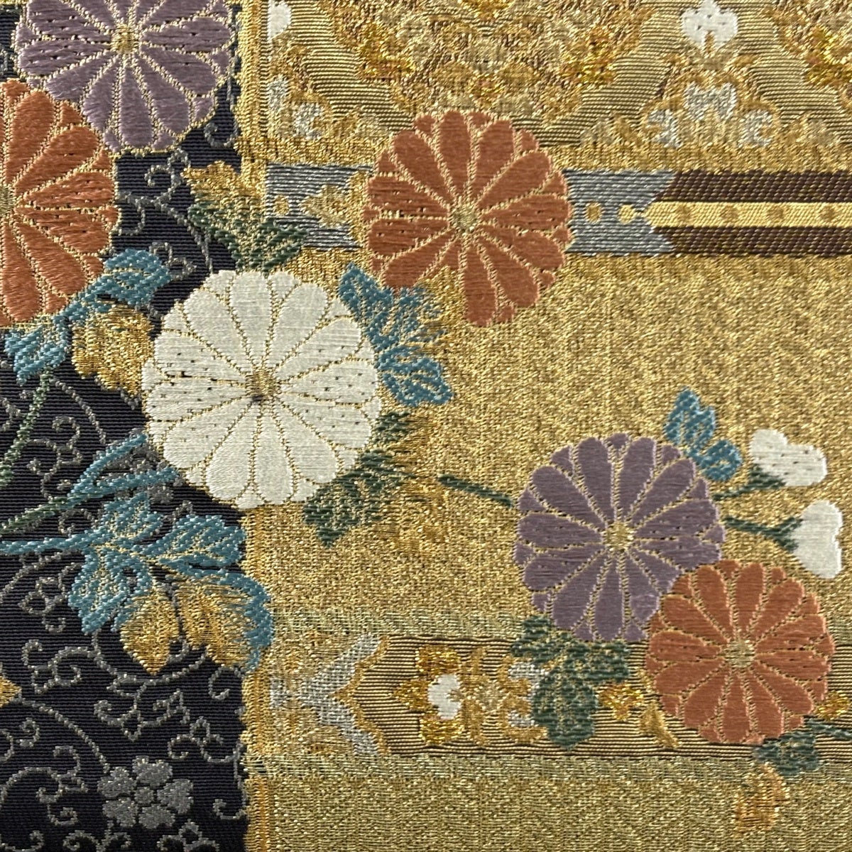 袋帯 秀品 華文 菊 金銀糸 刺繍 金色 お太鼓柄 正絹|中古・古着 袋帯 秀品 華文 菊 金銀糸 刺繍 金色 お太鼓柄 正絹|中古・古着