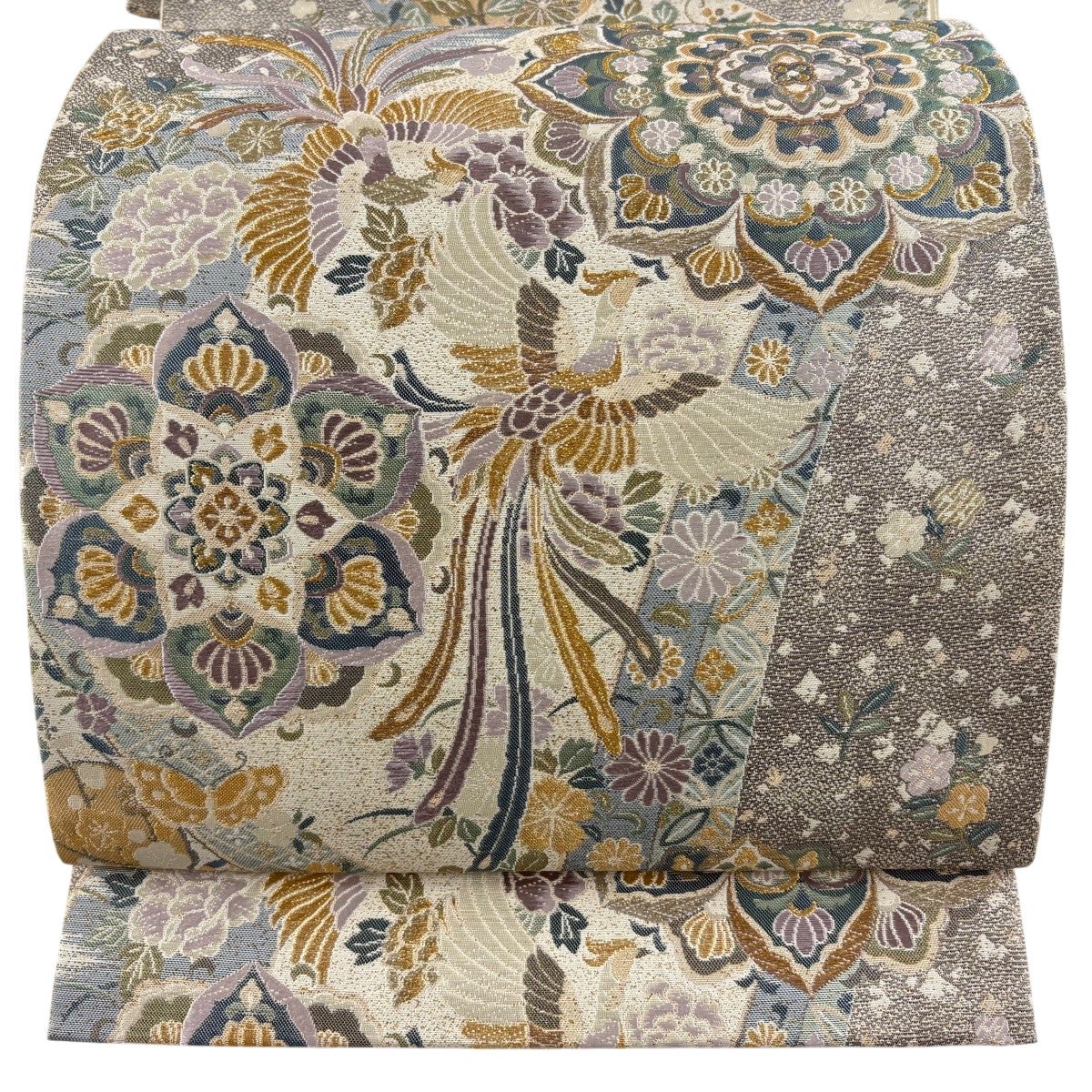 美品】 袋帯 秀品 華文 尾長鳥 金糸 唐織 灰緑 六通 正絹｜中古・古着