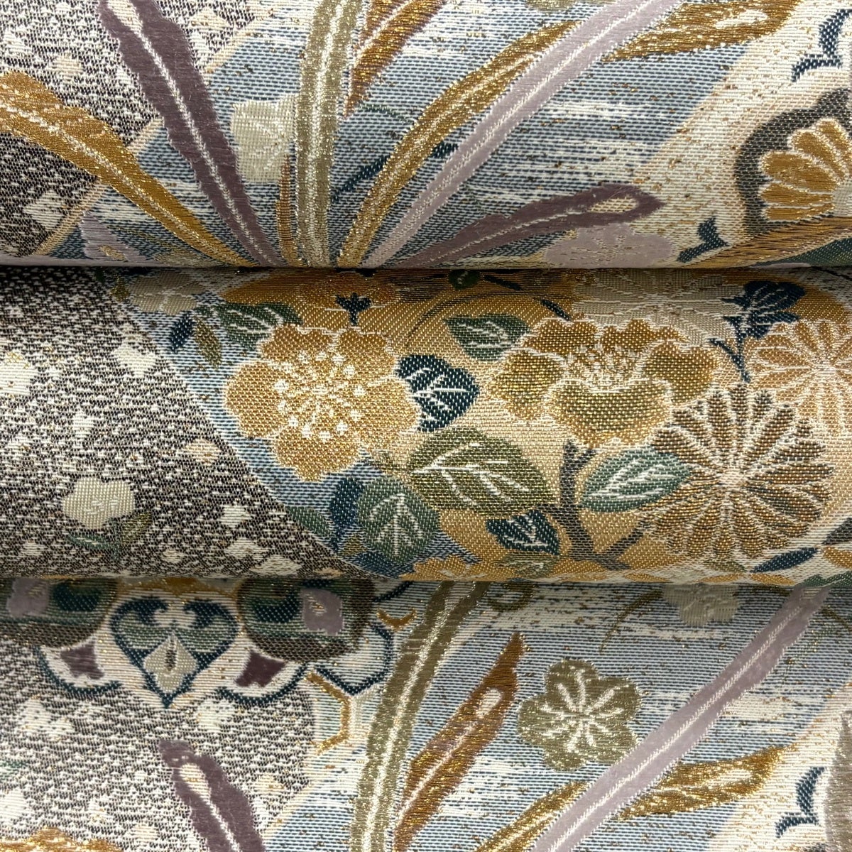 美品】 袋帯 秀品 華文 尾長鳥 金糸 唐織 灰緑 六通 正絹｜中古・古着