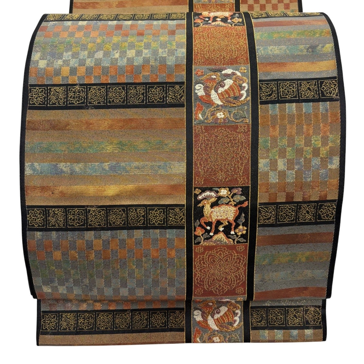 美品】 袋帯 名品 正倉院文様 金糸 赤茶 六通 正絹｜中古・古着