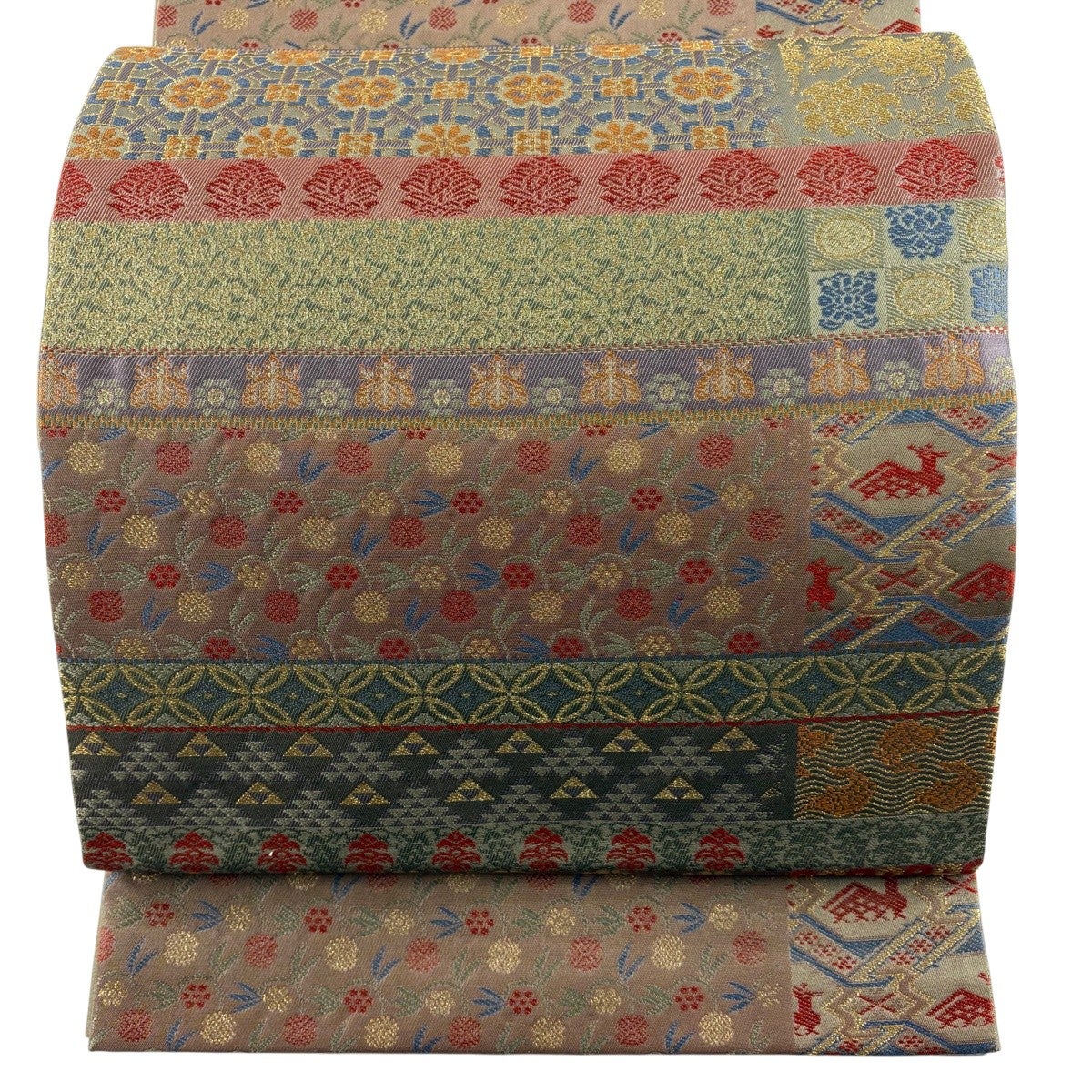 美品】 袋帯 秀品 花うさぎ 有栖川文 金糸 茶緑色 六通 正絹｜中古