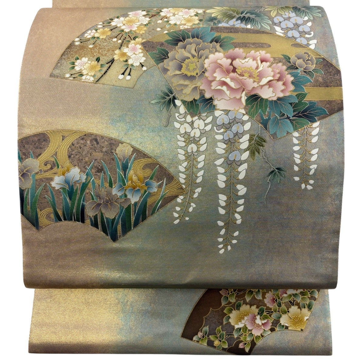 逸品!! 正絹 袋帯 おしゃれ草 お太鼓柄 長さ438cm 美品】 袋帯 秀品 草花 金糸 金彩 灰緑 お太鼓柄 正絹｜中古・古着
