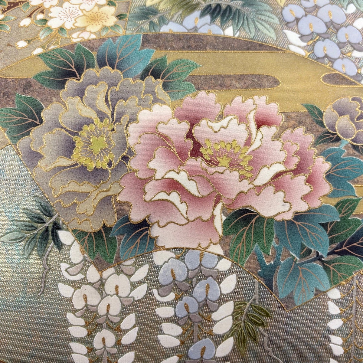 袋帯 秀品 扇面 草花 金彩 箔 金色 お太鼓柄 正絹｜中古・古着