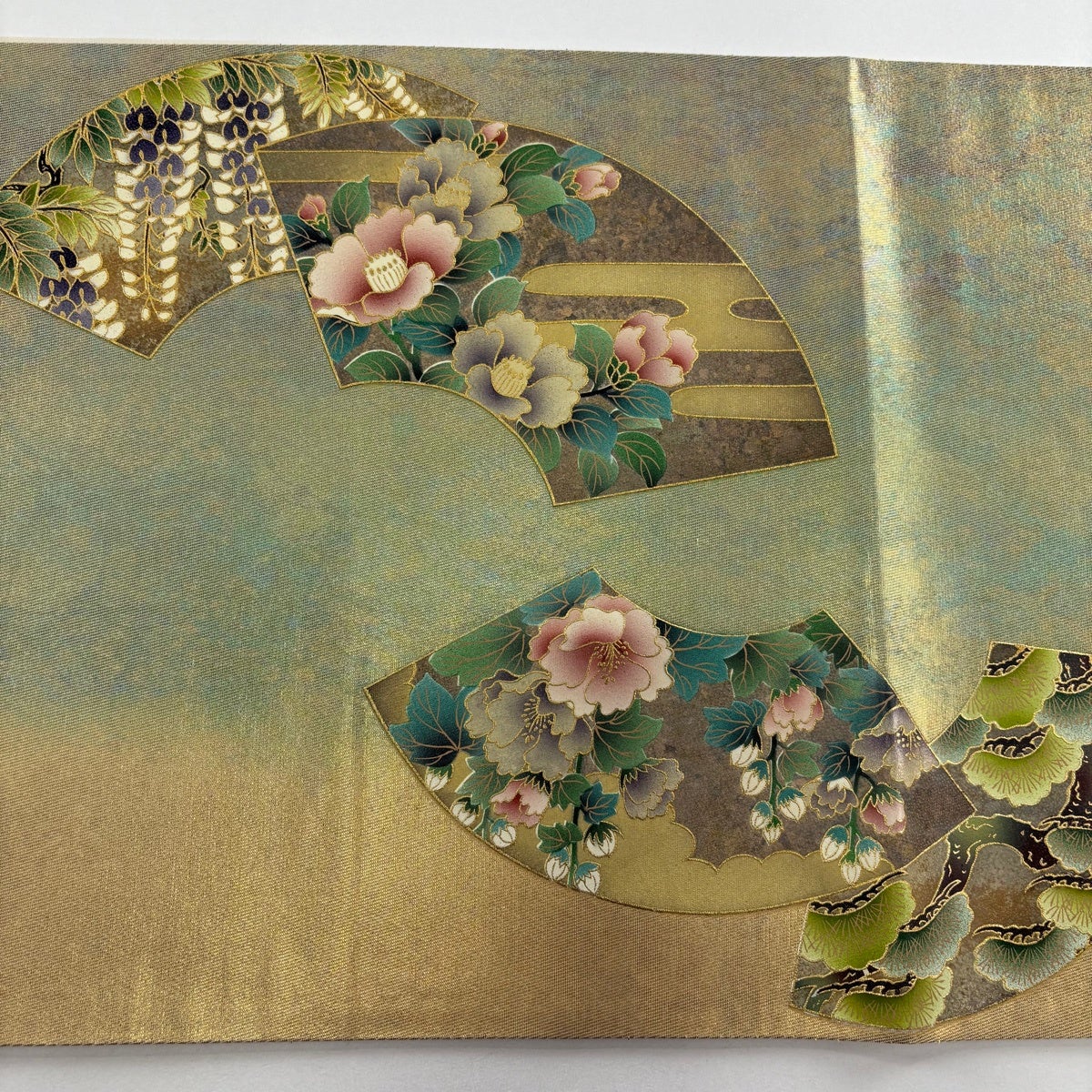 袋帯 秀品 扇面 草花 金彩 箔 金色 お太鼓柄 正絹｜中古・古着