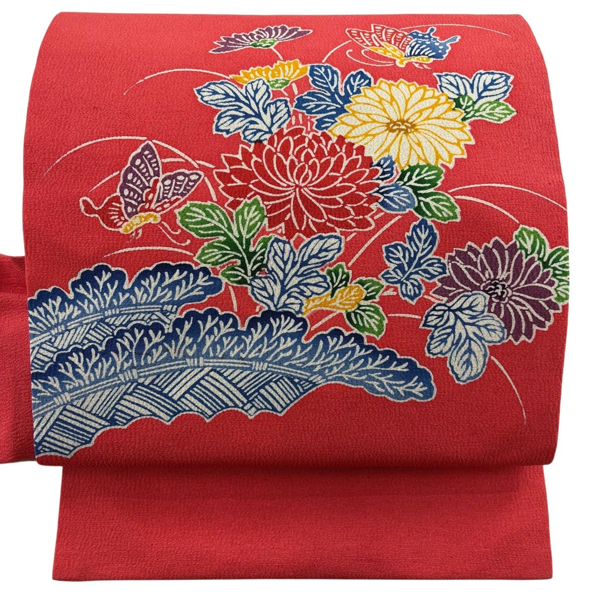 正絹反物♪小紋着尺♪深緑に臈纈風の赤茶の花や葉っぱ♪13m以上 反物 秀品 小紋 更紗柄 縮緬 山吹茶色 正絹｜中古・古着・リサイクル
