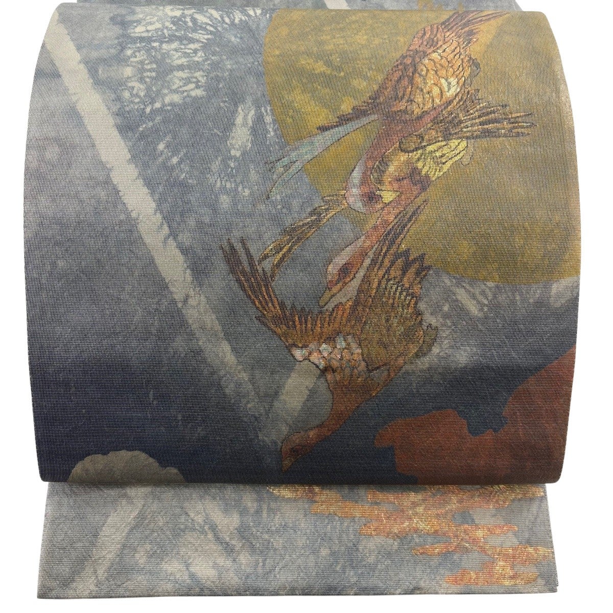 袋帯 秀品 鳥 月 螺鈿箔 箔 灰色 お太鼓柄 正絹｜中古・古着