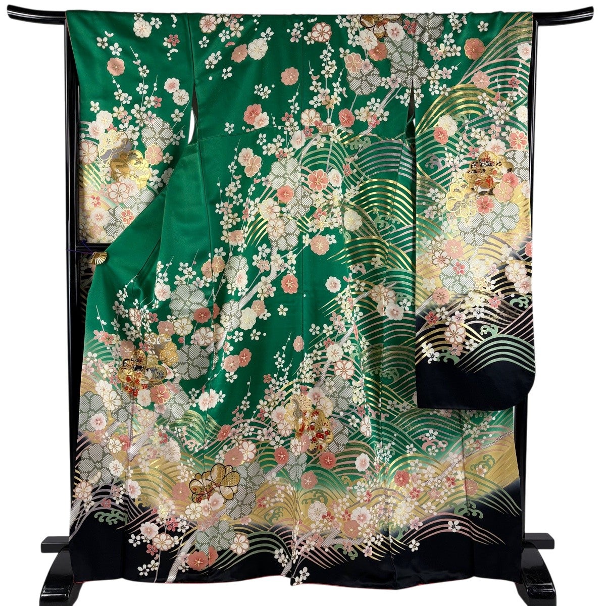 振袖 美品 名品 身丈168cm 裄丈66cm 正絹 【中古】 振袖 身丈168cm 裄丈66cm M 袷 梅 波 金糸 金彩 緑 正絹 秀品｜中古