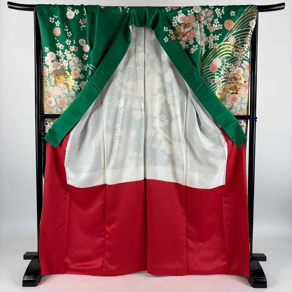 振袖 身丈168cm 裄丈66cm M 袷 梅 波 金糸 金彩 緑 正絹 秀品｜中古