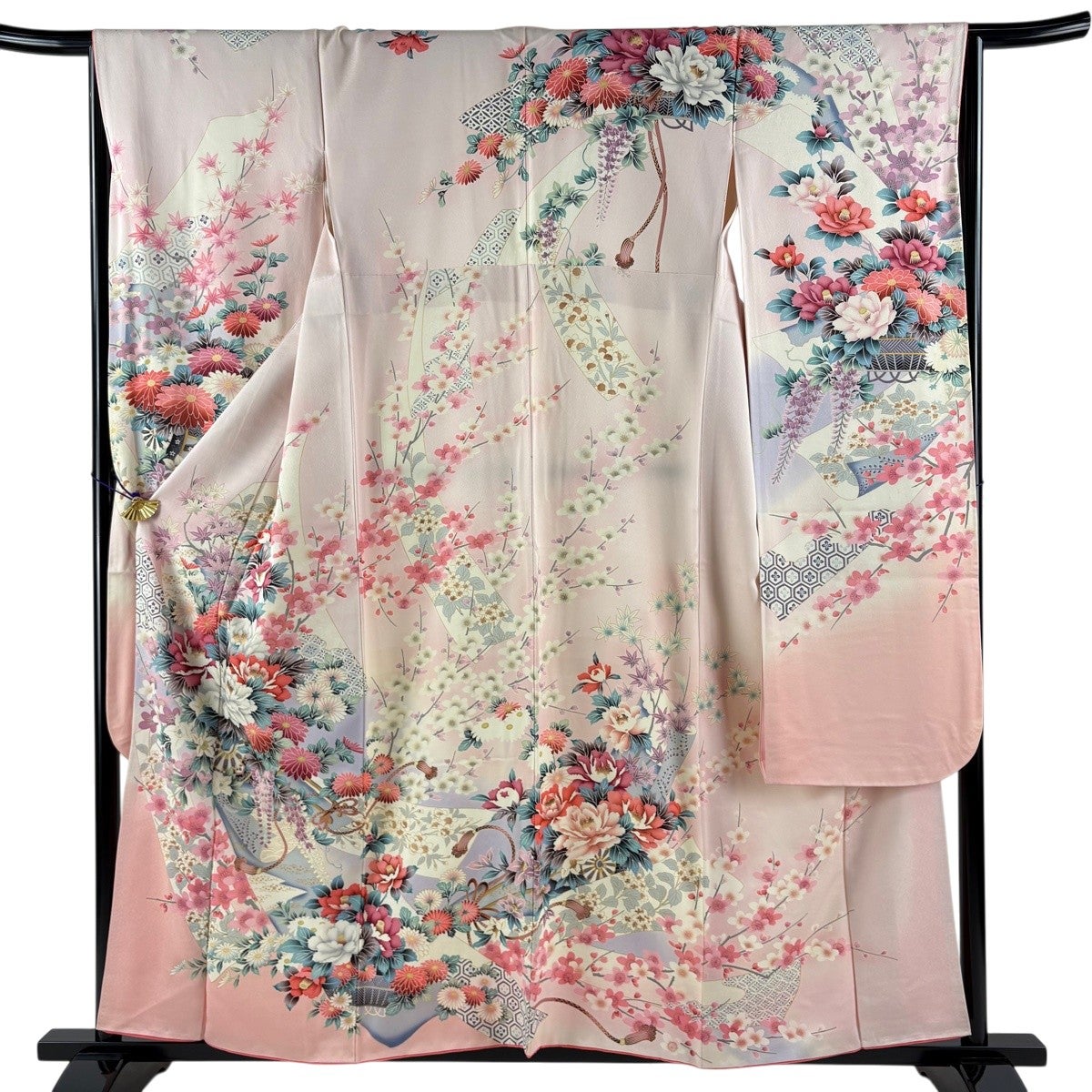 振袖 秀品 身丈164.5cm 裄丈65.5cm 正絹 【中古】 振袖 身丈165.5cm 裄丈68.5cm L 袷 梅 横縞 染め分け 赤 正絹 秀品
