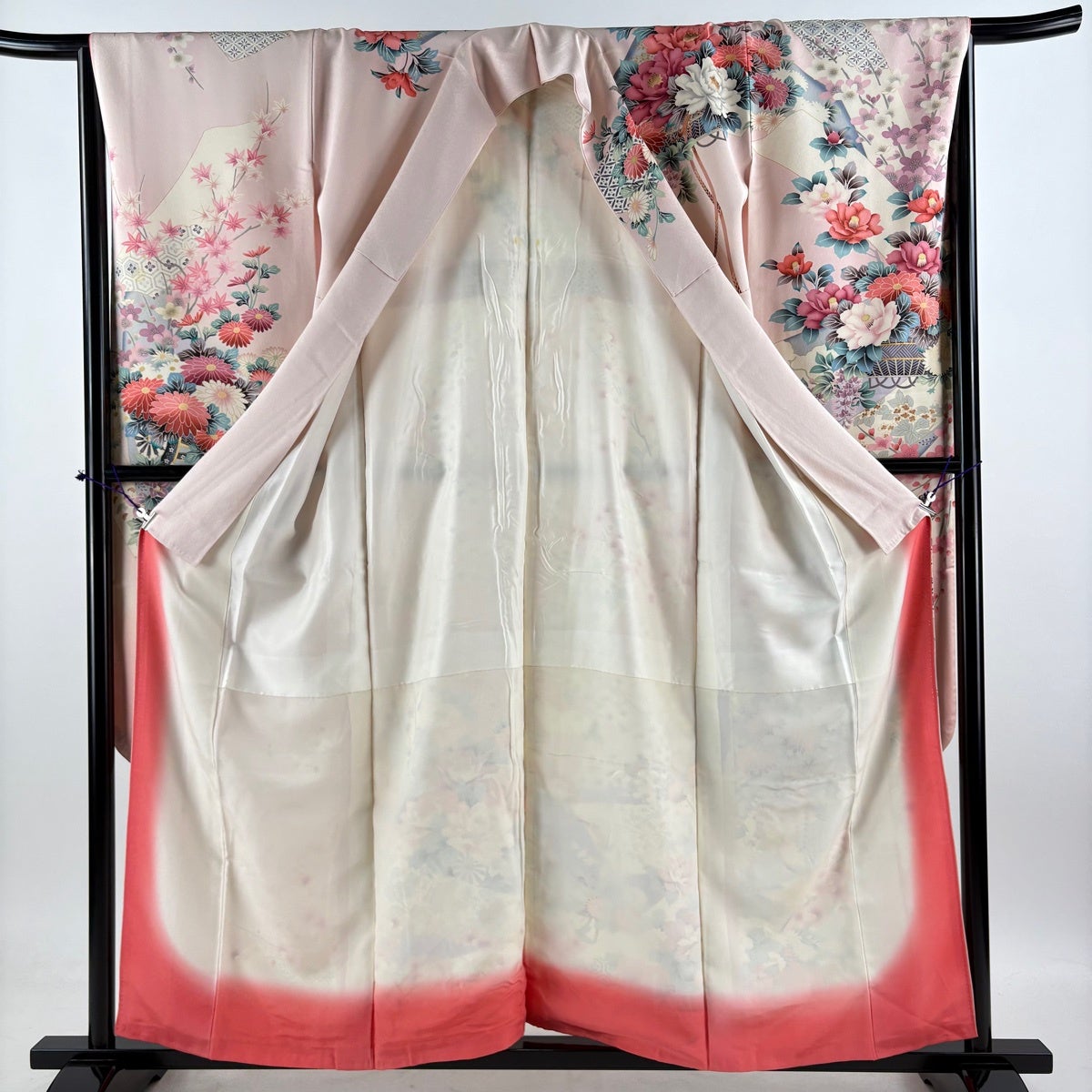 振袖 身丈157cm 裄丈65.5cm M 袷 花車 枝梅 金彩 薄ピンク 正絹 秀品