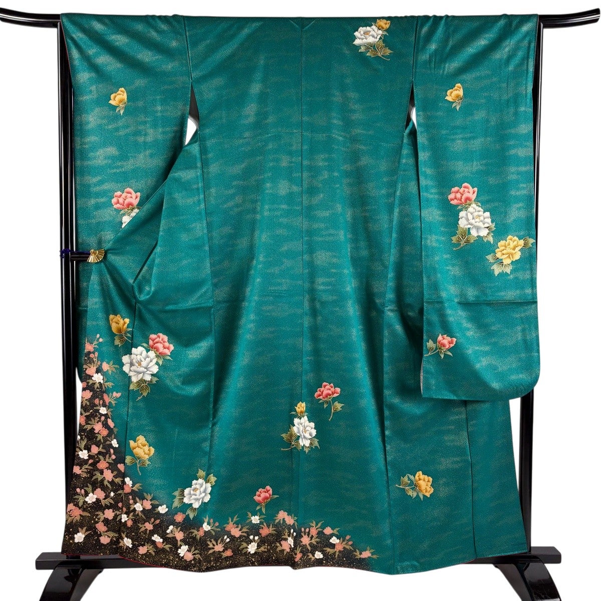 美品】 振袖 身丈159cm 裄丈65cm M 袷 牡丹 桜 金彩 ぼかし 緑 正絹 秀