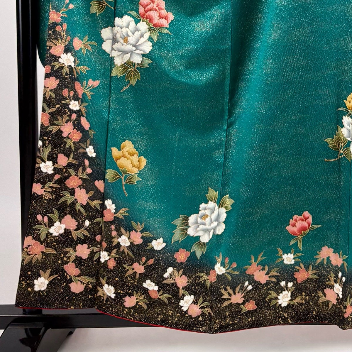 美品】 振袖 身丈159cm 裄丈65cm M 袷 牡丹 桜 金彩 ぼかし 緑 正絹 秀