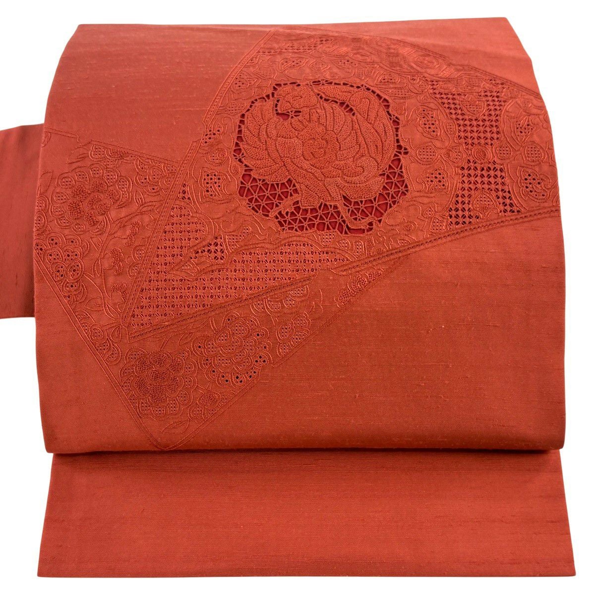 生紬　汕頭刺繍袋帯　￼落ち着いたピンクオレンジ色 美品】 袋帯 秀品 紬地 鴛鴦 菊 蘇州刺繍 紫 お太鼓柄 正絹｜中古