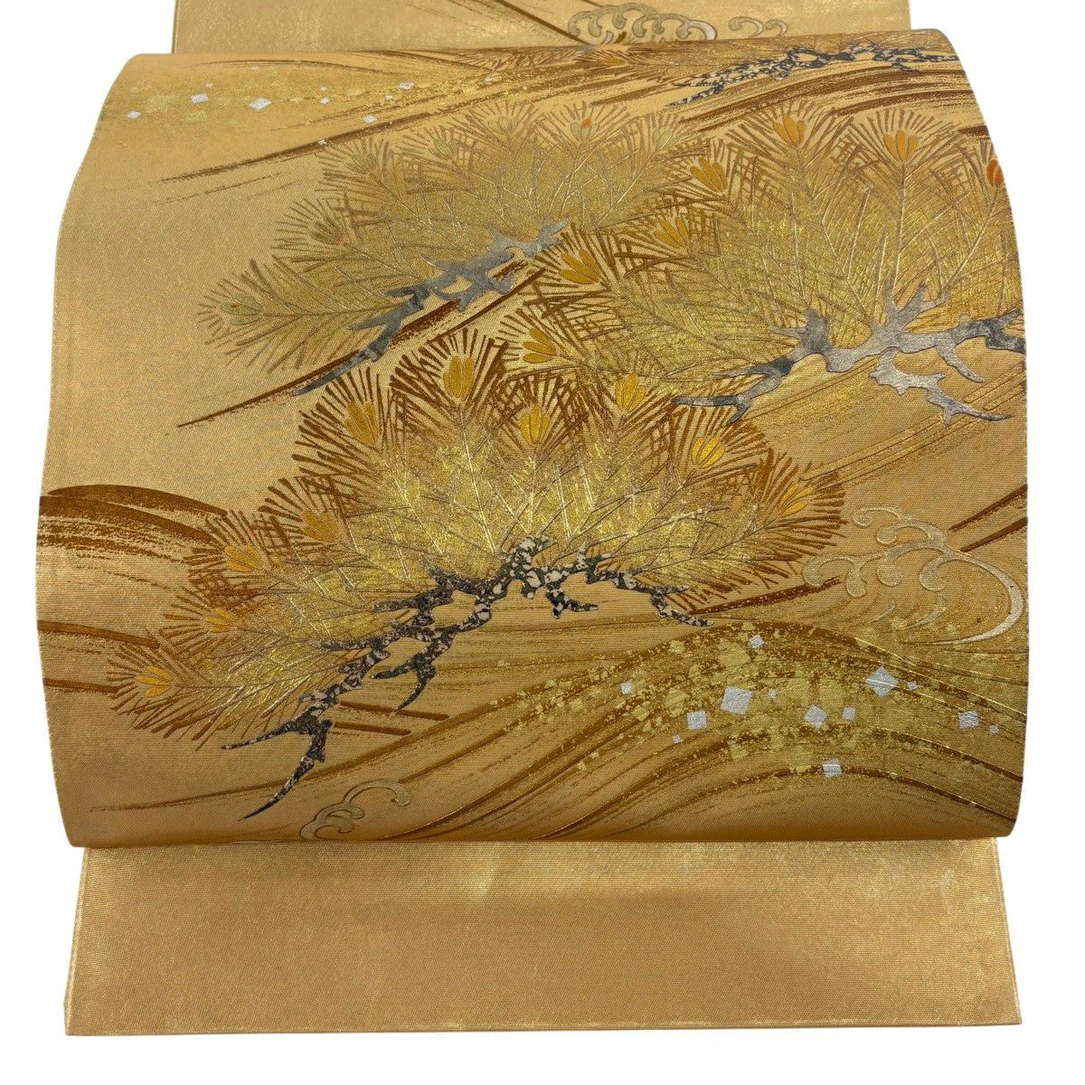 袋帯 名品 落款あり 花鳥 笠松 金彩 箔 金色 お太鼓柄 正絹｜中古