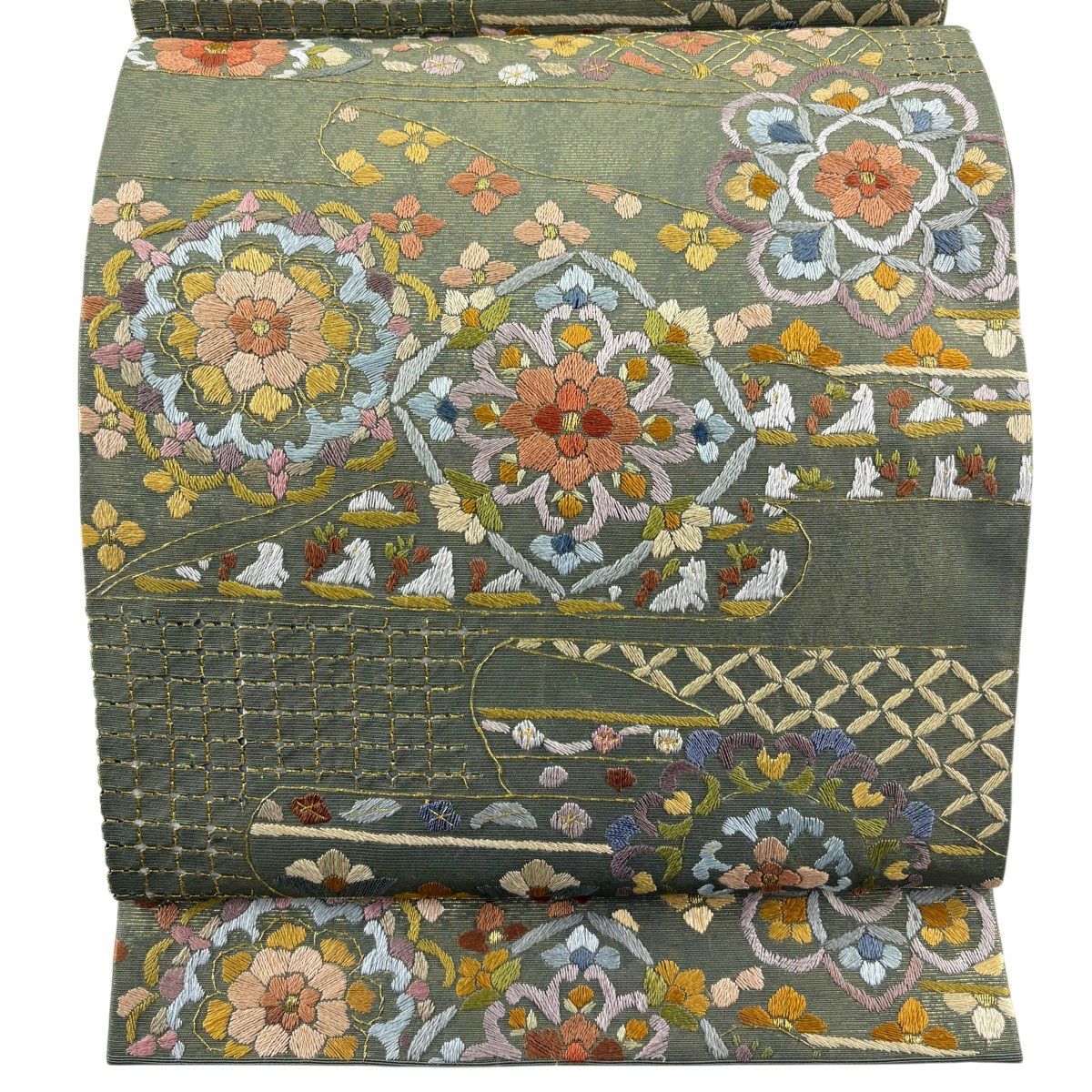 美品】 袋帯 名品 証紙あり 関西仕立て 孔雀 花唐草 刺繍 金糸 金色 六