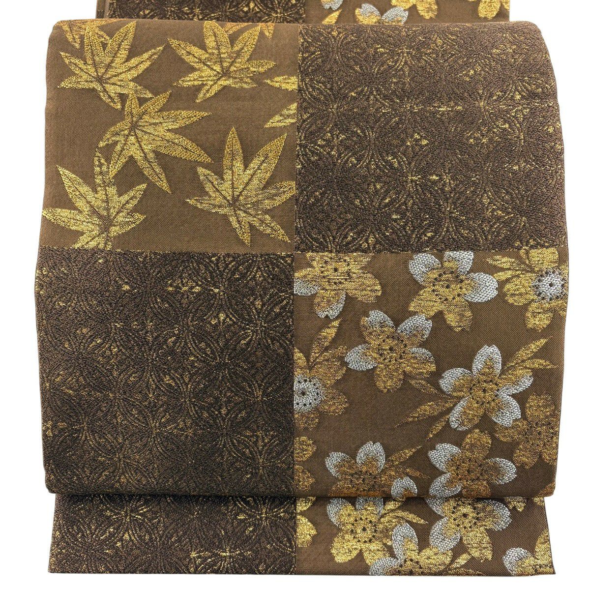 美品】 袋帯 秀品 波 金銀糸 箔 薄茶色 お太鼓柄 正絹｜中古・古着