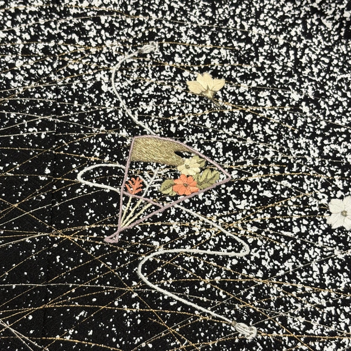訪問着 身丈163.5cm 裄丈66cm M 袷 落款あり 扇 草花 金糸 刺繍 黒