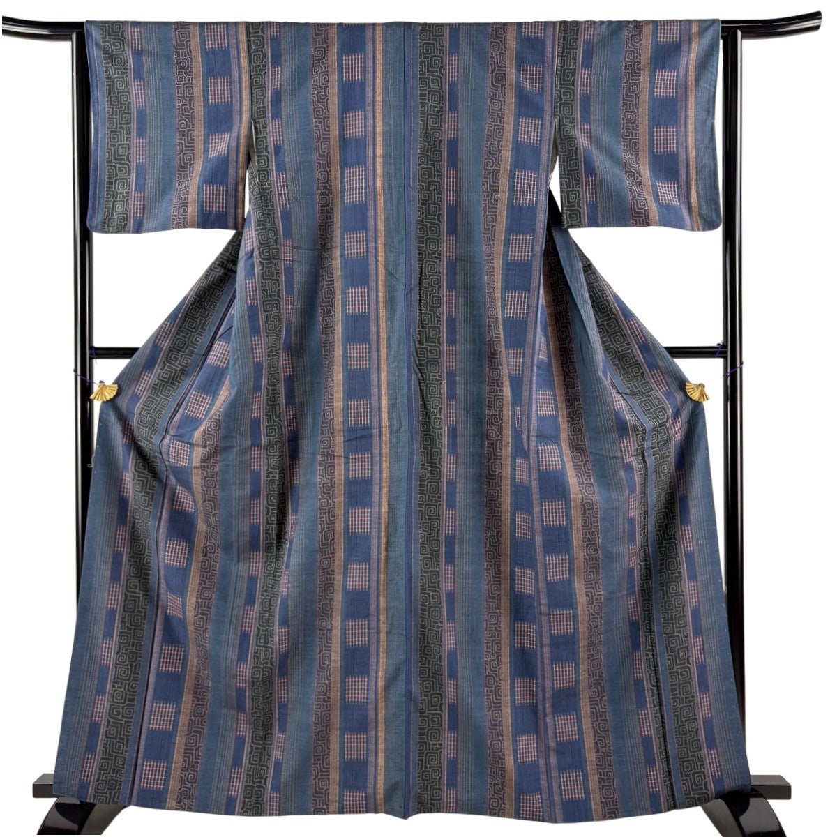 紬 身丈162cm 裄丈63cm S 袷 縦縞模様 幾何学模様 青灰色 正絹 秀品