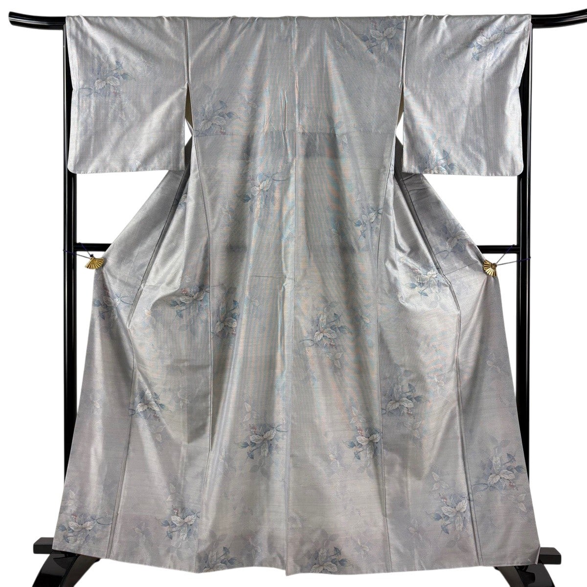 紬 身丈162.5cm 裄丈67.5cm L 袷 葉と実 菱文 青灰色 正絹 秀品｜中古