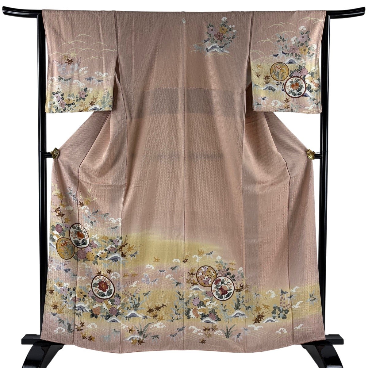 訪問着 身丈169cm 裄丈68cm L 袷 草花 金彩 ぼかし 青灰色 正絹 秀品