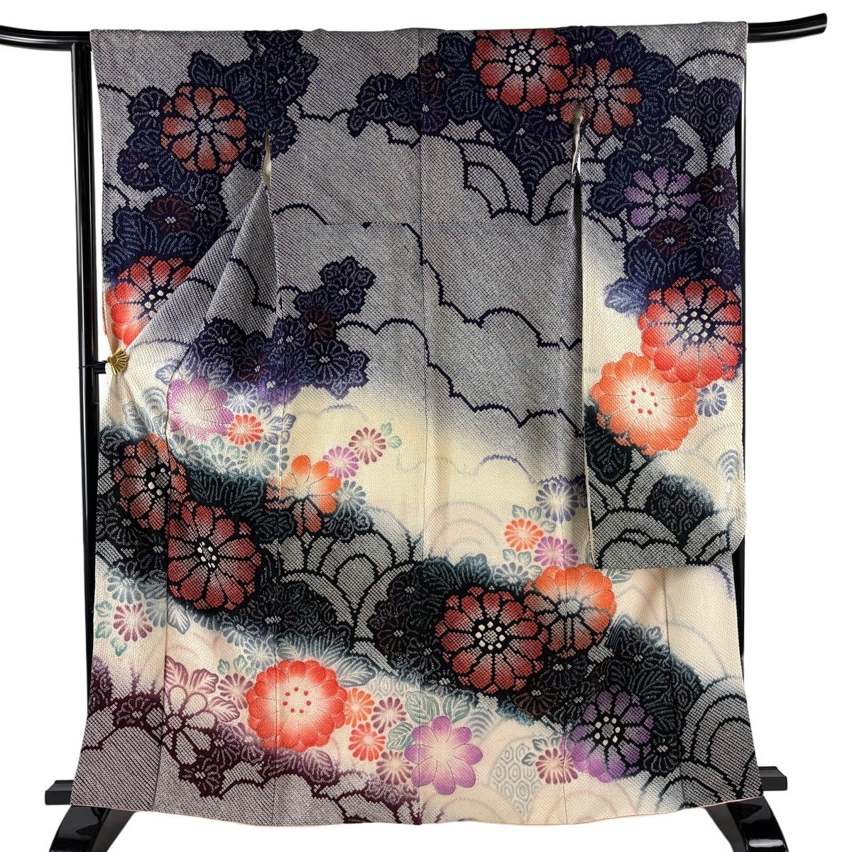 振袖 身丈162cm 裄丈65.5cm M 袷 菊 絞り 濃紫 正絹 秀品｜中古・古着