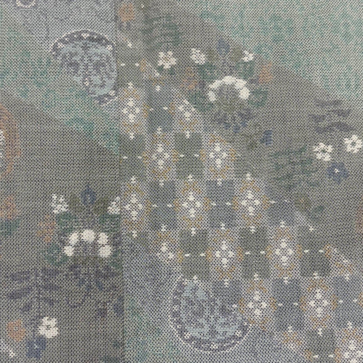 紬 身丈164cm 裄丈67cm M 袷 草花 幾何学模様 灰緑 正絹 秀品｜中古