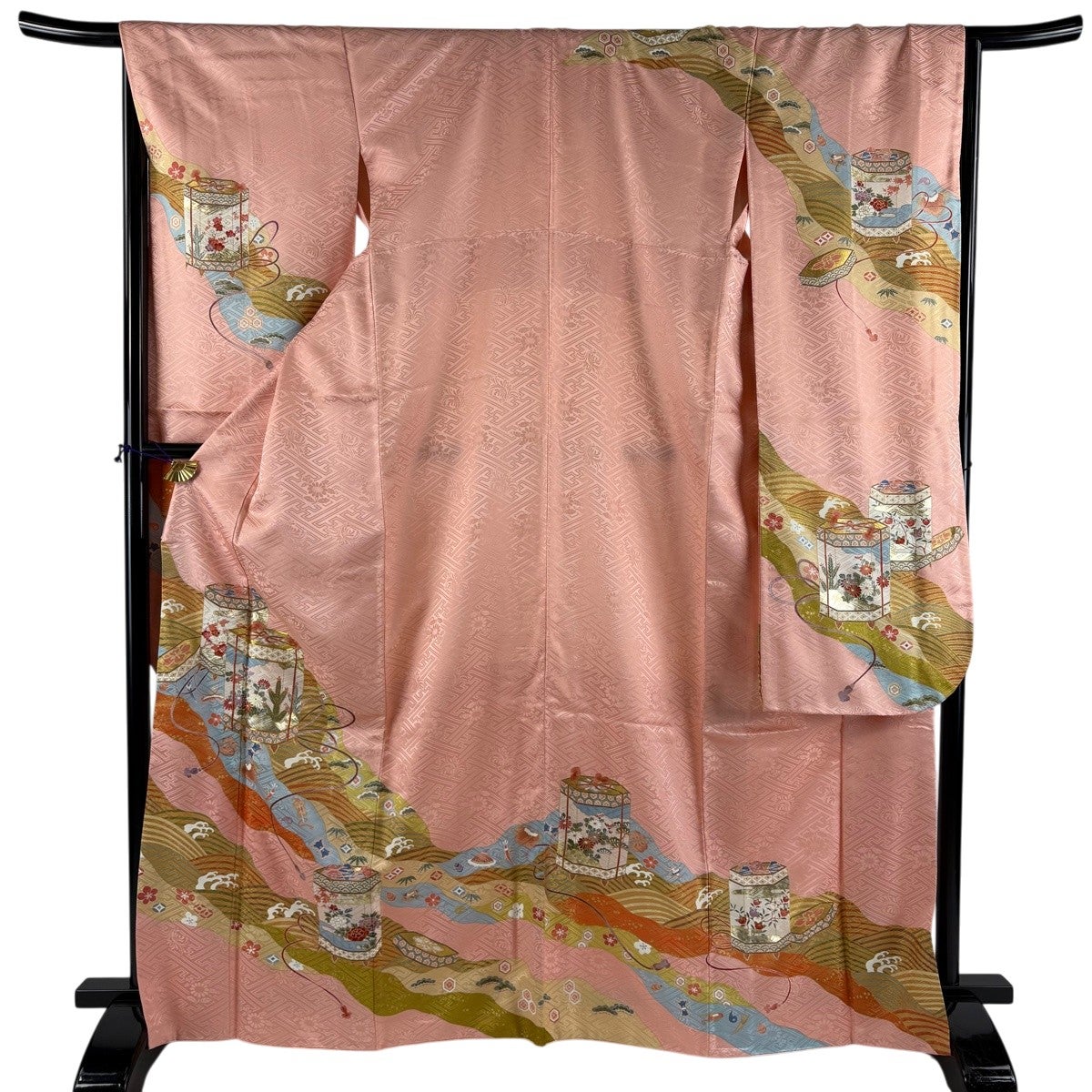 美品】 振袖 身丈165.5cm 裄丈67cm M 袷 落款あり 貝桶 波頭 金糸 金銀