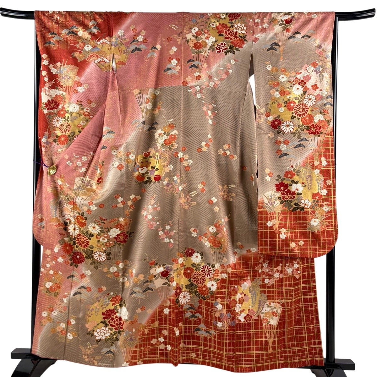 振袖 身丈157.5cm 裄丈66cm M 袷 扇面 桜 金彩 ぼかし 赤茶 正絹 秀品