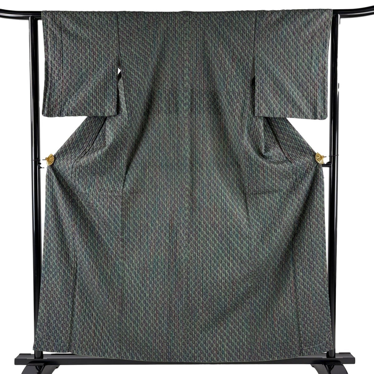 美品】 小紋 身丈159cm 裄丈62cm S 袷 紬地 縦縞 絞り絞 緑 正絹 秀品