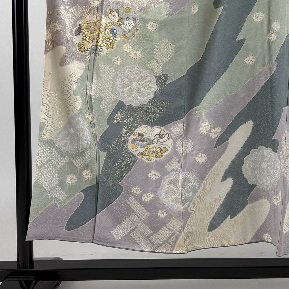 訪問着 身丈152.5cm 裄丈62.5cm S 袷 草花 波 刺繍 絞り 青灰色 正絹