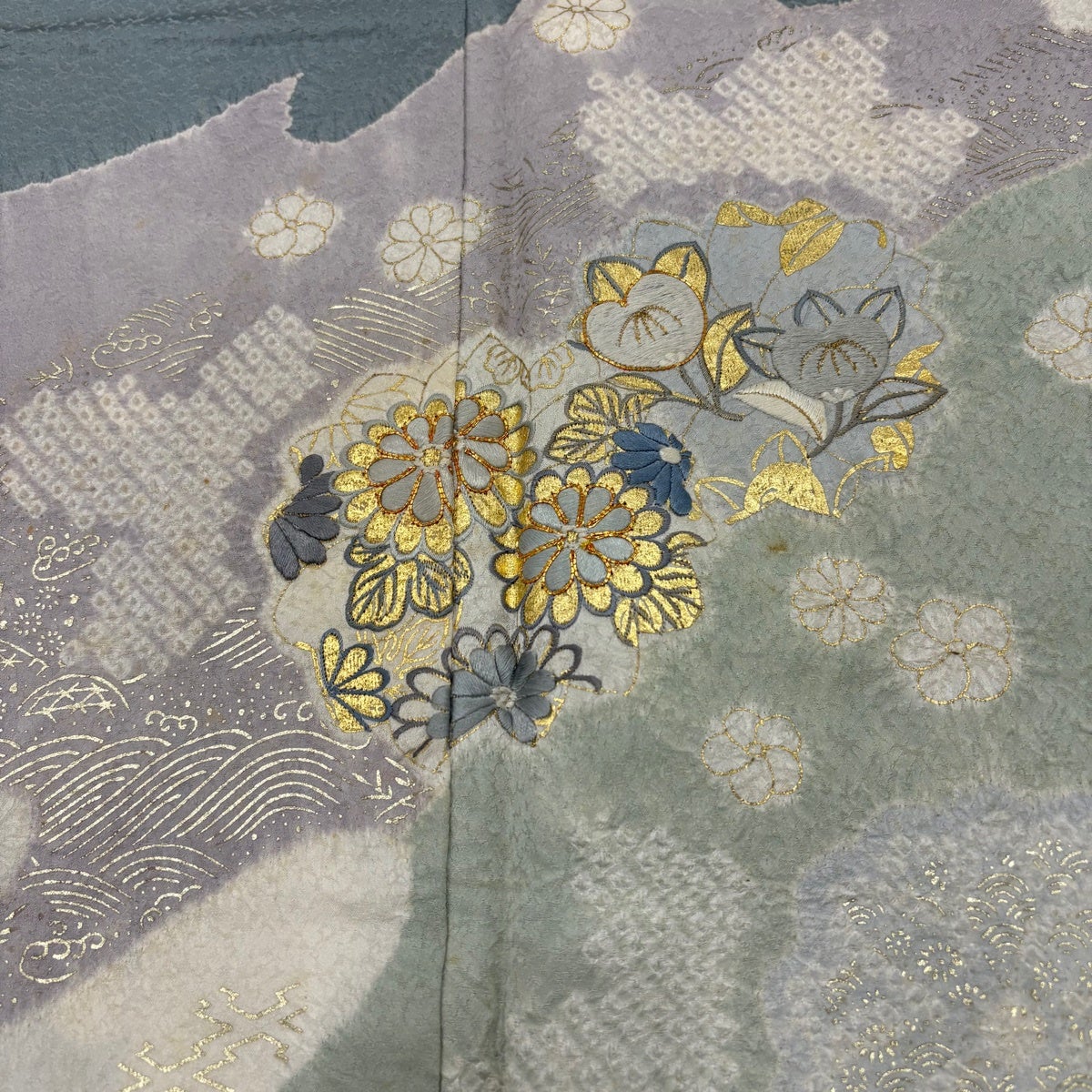 訪問着 身丈152.5cm 裄丈62.5cm S 袷 草花 波 刺繍 絞り 青灰色 正絹
