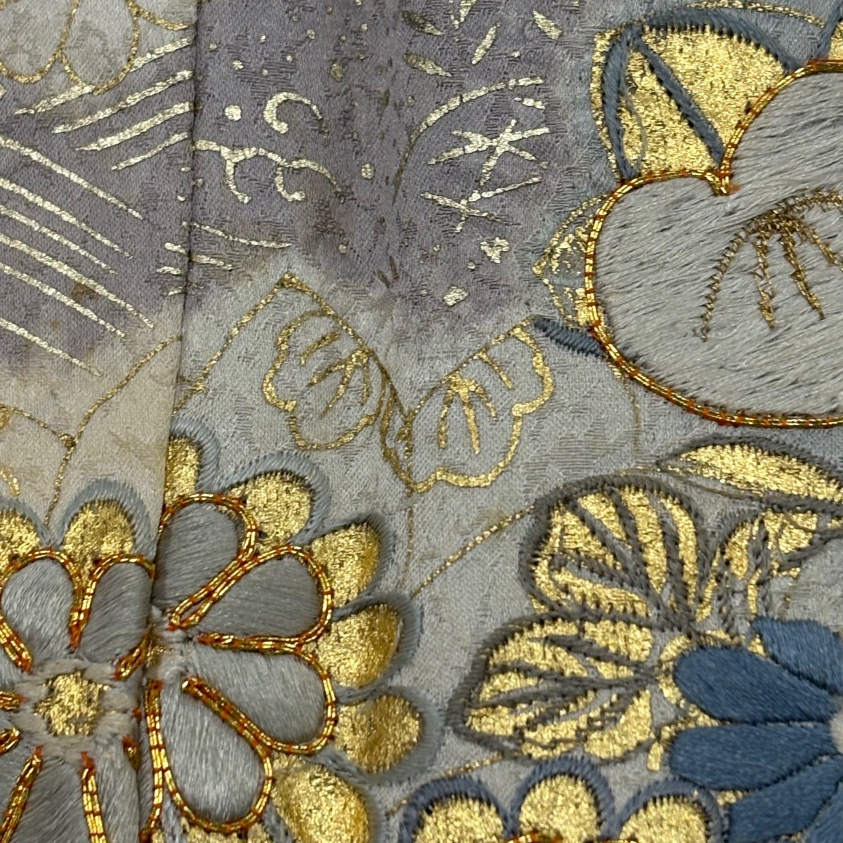 訪問着 身丈152.5cm 裄丈62.5cm S 袷 草花 波 刺繍 絞り 青灰色 正絹