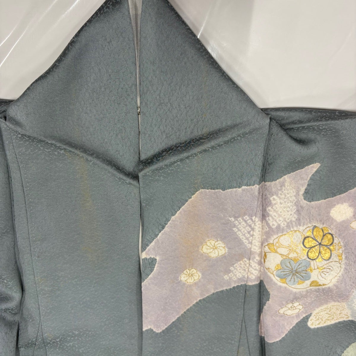 訪問着 身丈152.5cm 裄丈62.5cm S 袷 草花 波 刺繍 絞り 青灰色 正絹