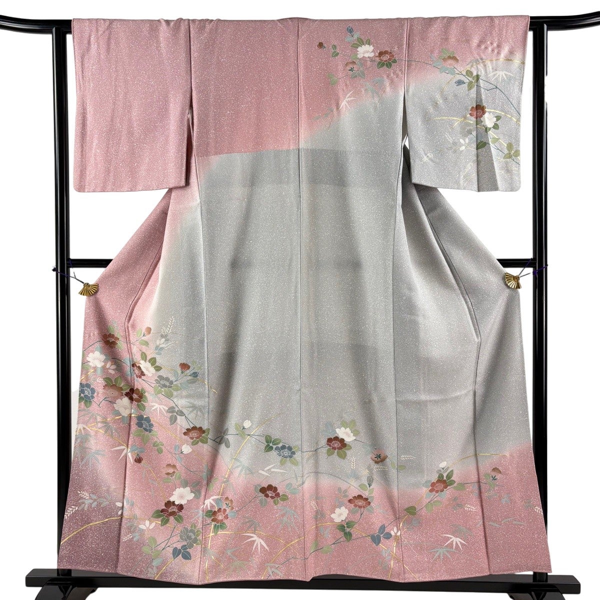 訪問着 身丈154cm 裄丈62.5cm S 袷 枝花 金彩 ぼかし 鶯色 正絹 秀品
