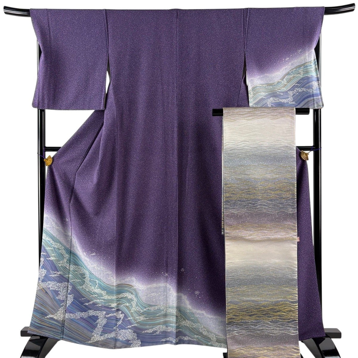 美品】 付下げ 身丈166.5cm 裄丈67.5cm L 袷 紬地 落款あり 横縞 霞 裾 