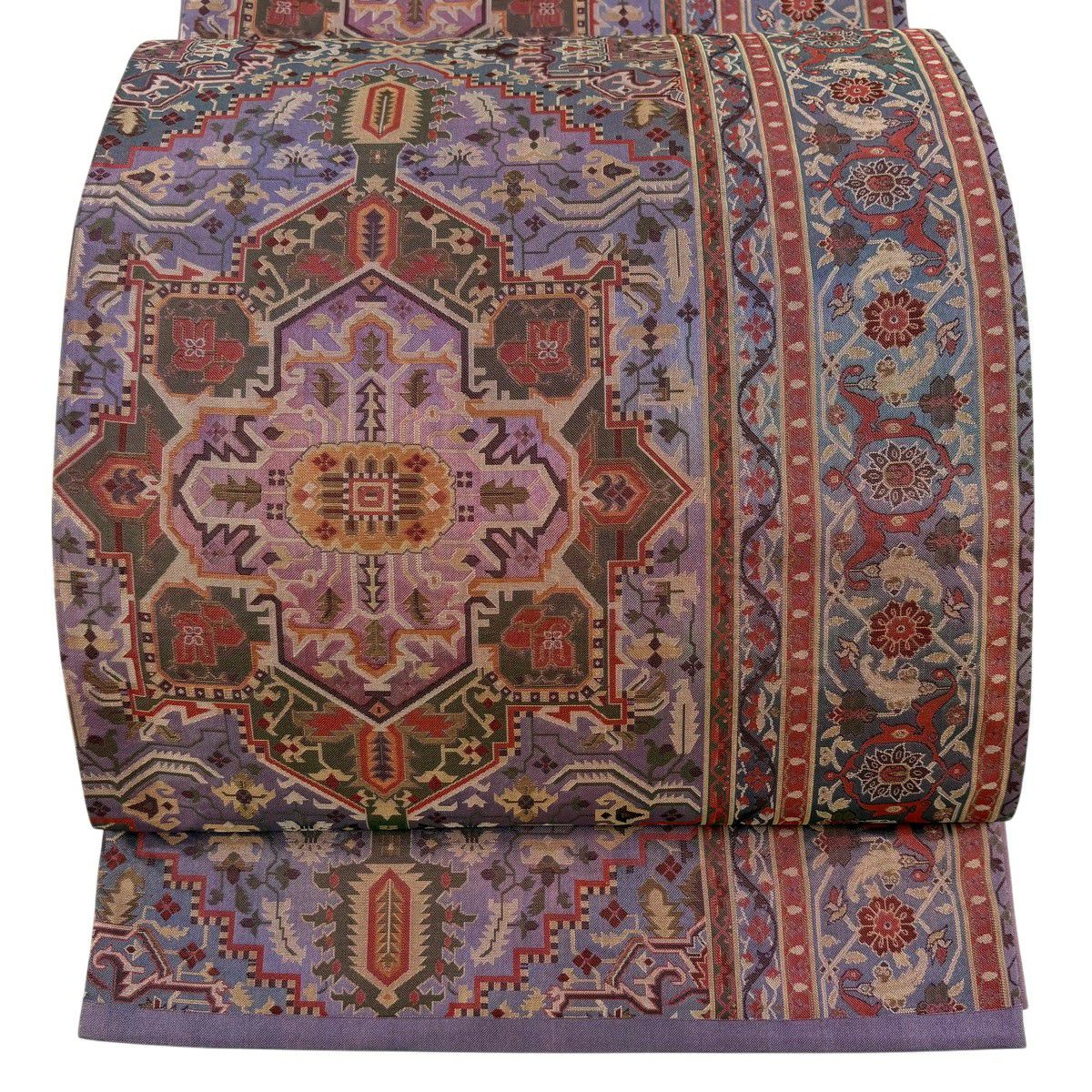 美品】 袋帯 秀品 草摺紬地 華文 草花 灰緑 六通 正絹｜中古