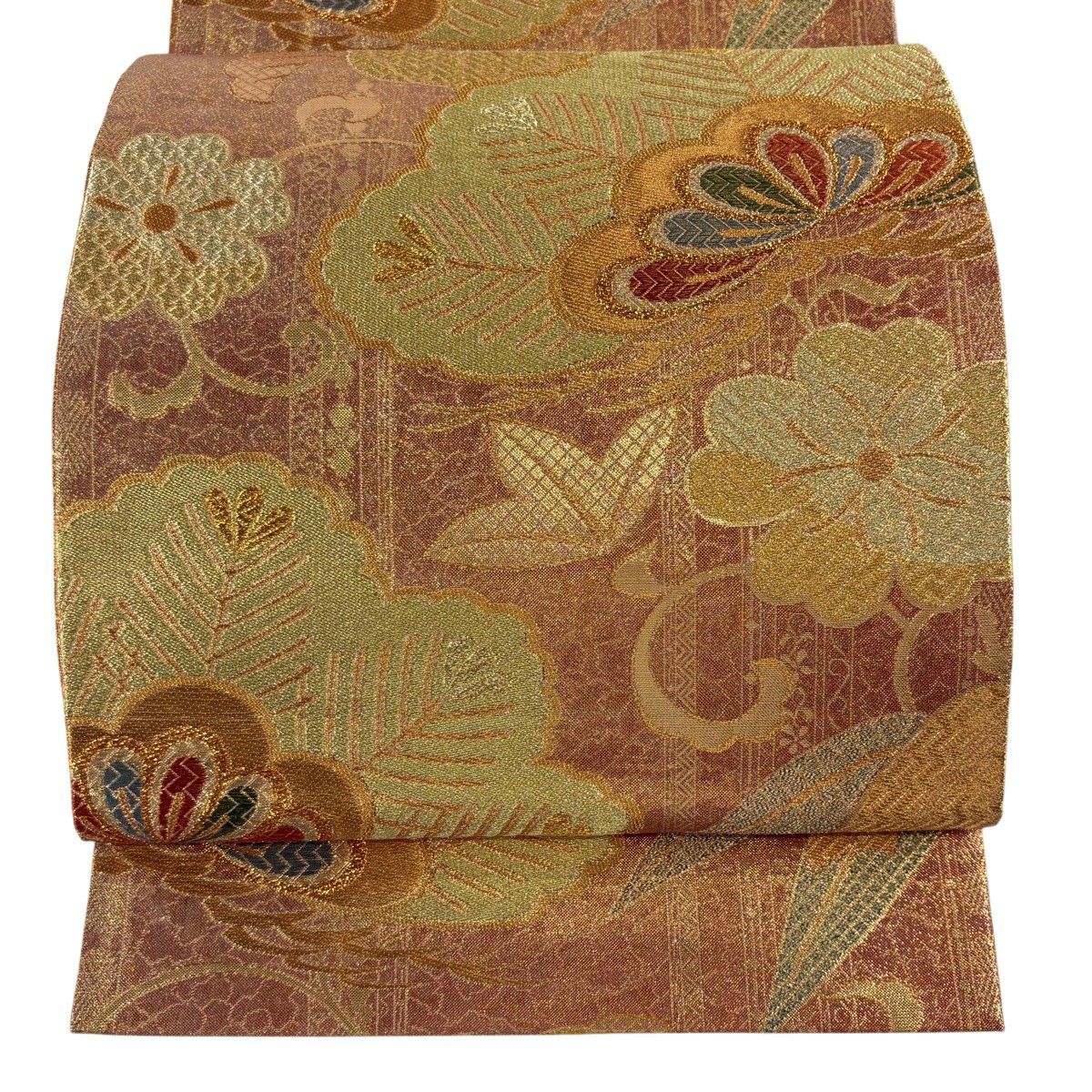 美品】 袋帯 名品 証紙あり 関西仕立て 孔雀 花唐草 刺繍 金糸 金色 六