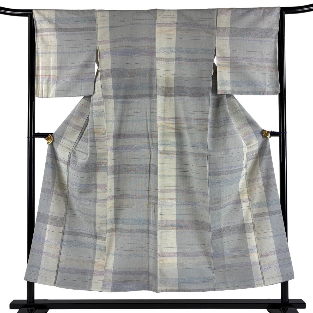 【美品】 お召 身丈155.5cm 裄丈66cm 正絹 逸品 【中古】 美品】 お召 身丈155.5cm 裄丈63cm S 単衣 やまと 縦縞 幾何学模様