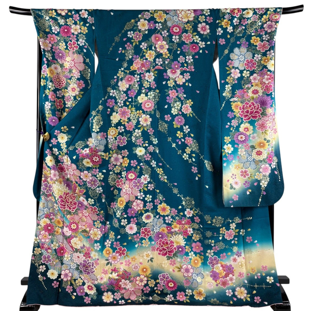 美品】 振袖 身丈171cm 裄丈70cm L 袷 鈴乃屋 草花 蝶 銀通し 箔 青緑
