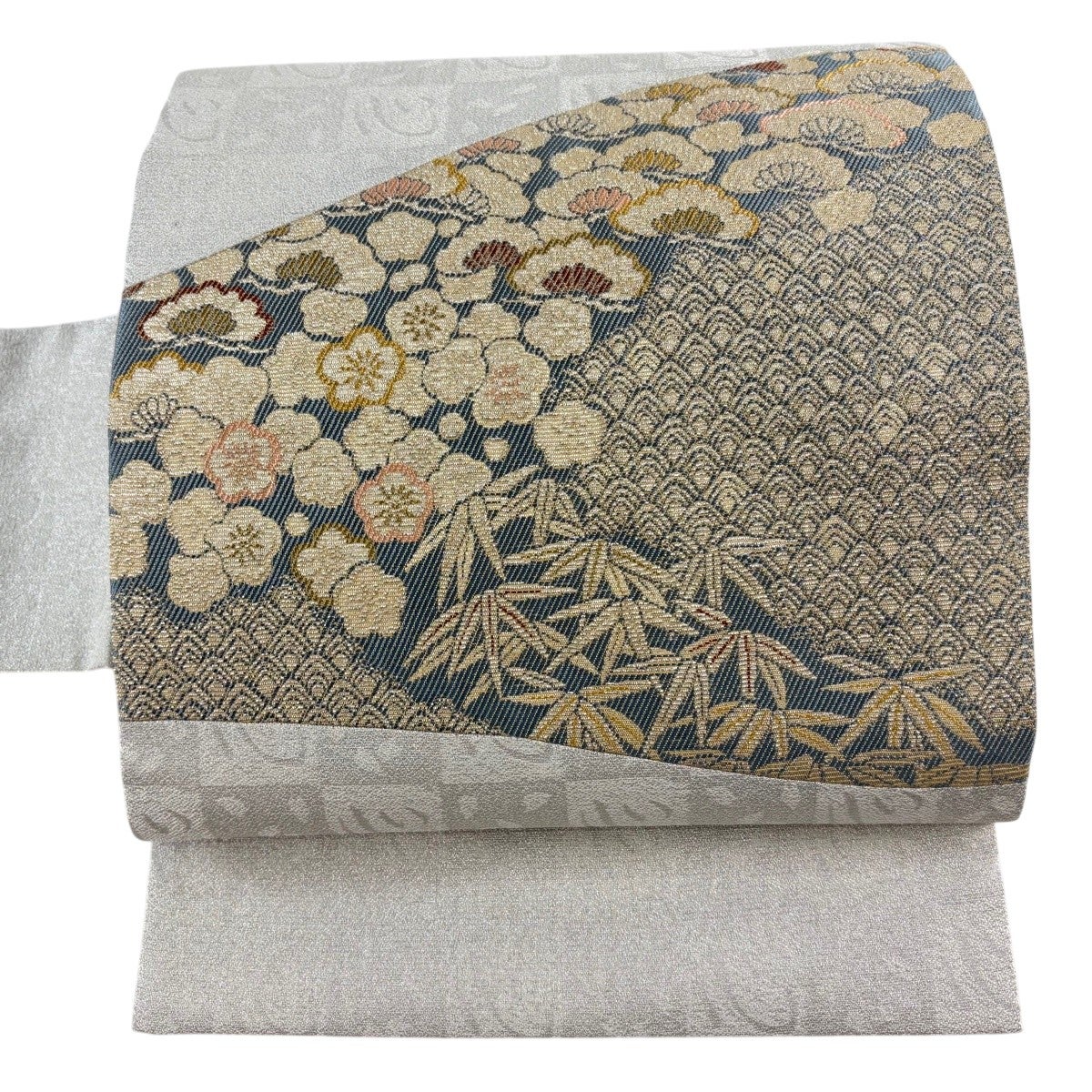 美品】 名古屋帯 逸品 松竹梅 青海波 銀糸 銀色 正絹｜中古・古着
