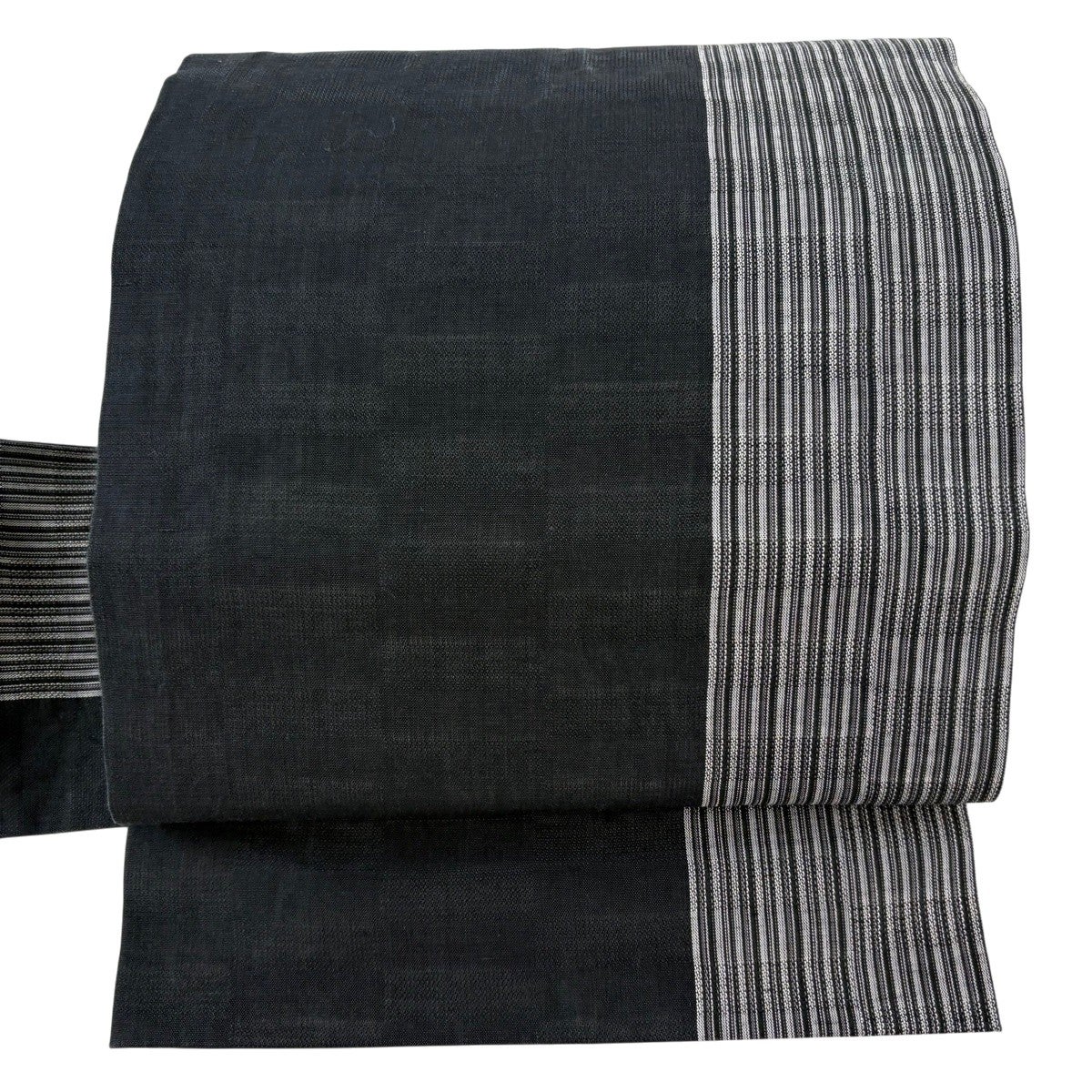 美品】 名古屋帯 逸品 夏帯 八寸名古屋帯 松葉仕立て 燕 縞 黒灰 正絹