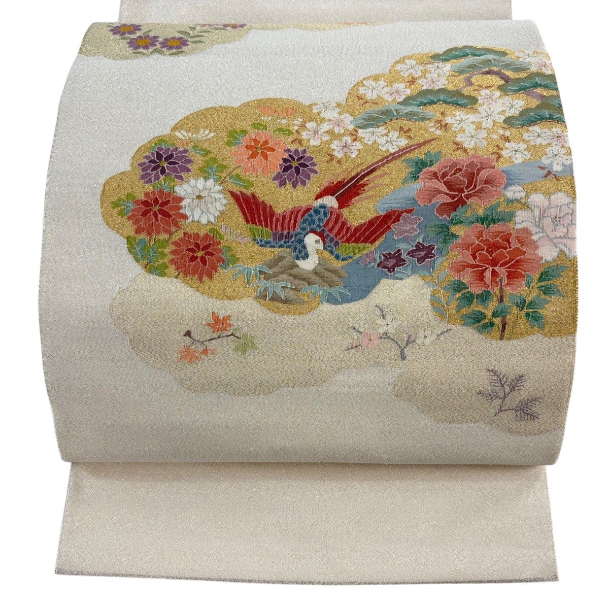 袋帯 逸品 関西仕立て 花鳥 雲文 金銀糸 クリーム お太鼓柄 正絹｜中古